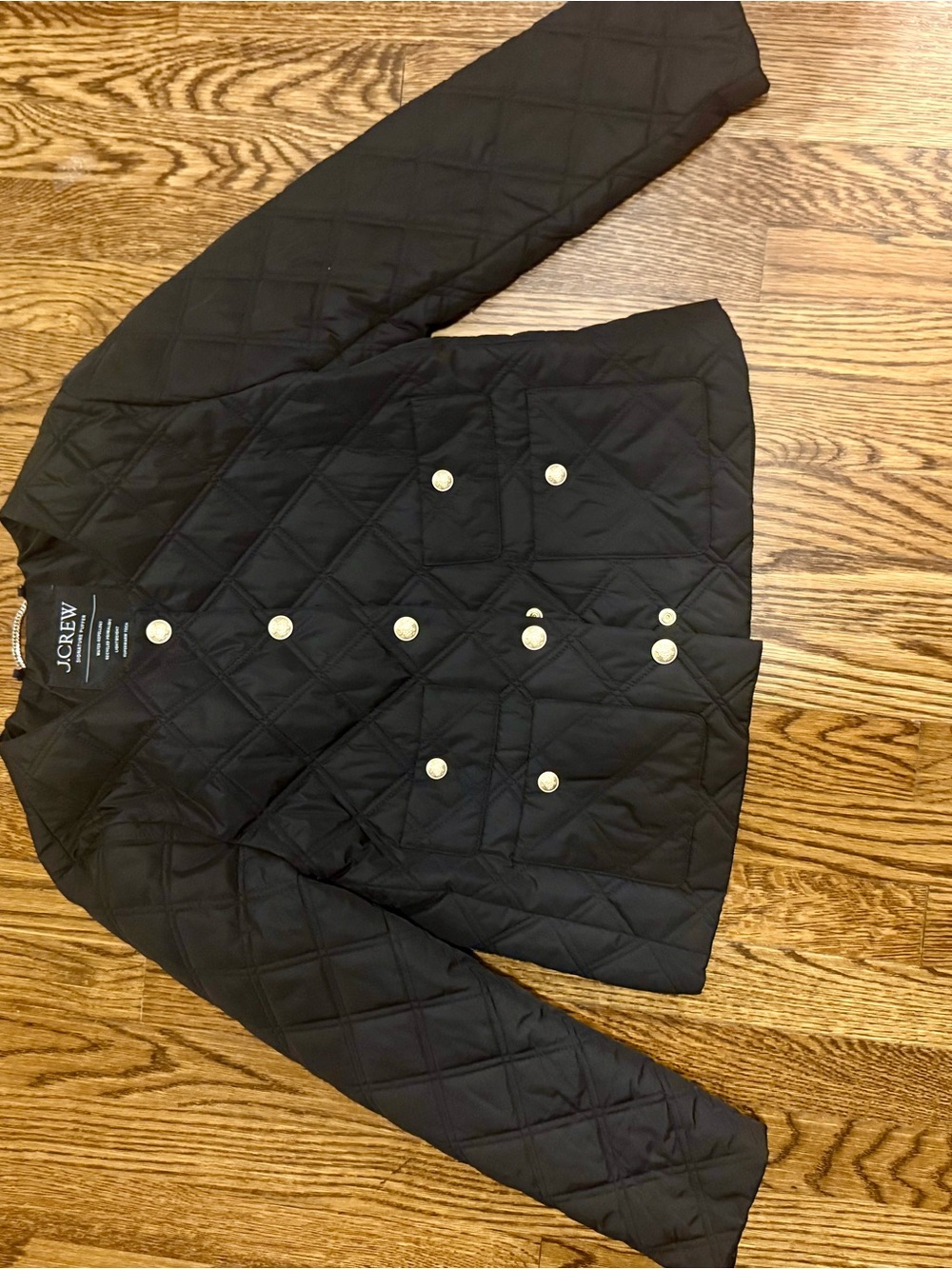 J. Crew Black Quilted Pea Coat with Gold Buttons